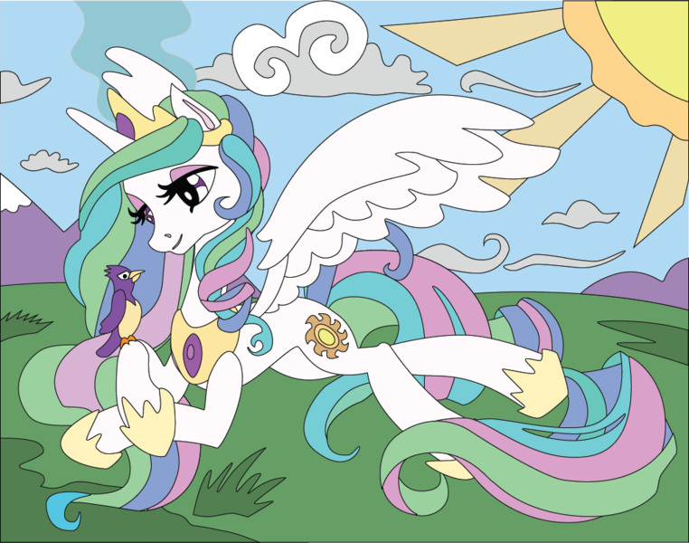 Size: 1009x794 | Tagged: artist:the-paper-pony, bird, derpibooru import, princess celestia, prone, safe, shadowbox, solo, spread wings