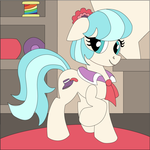 Size: 867x867 | Tagged: artist:the-paper-pony, coco pommel, derpibooru import, floppy ears, rainbow thread, raised hoof, safe, shadowbox, solo