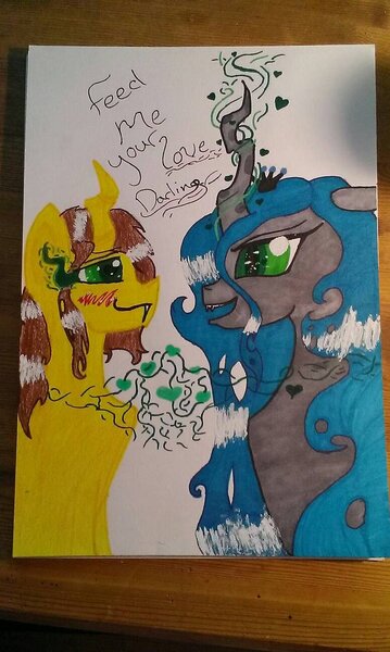 Size: 600x1002 | Tagged: safe, artist:askshywolf, derpibooru import, queen chrysalis, oc, oc:poisoned soul, canon x oc, changeling feeding, changelingified, chrysalislover, shipping