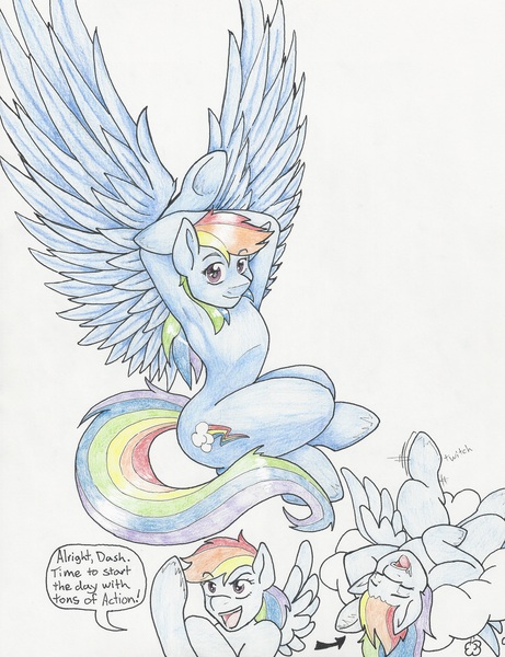 Size: 2488x3240 | Tagged: armpits, artist:flicker-show, derpibooru import, dialogue, drool, rainbow dash, safe, sleeping, traditional art, underhoof