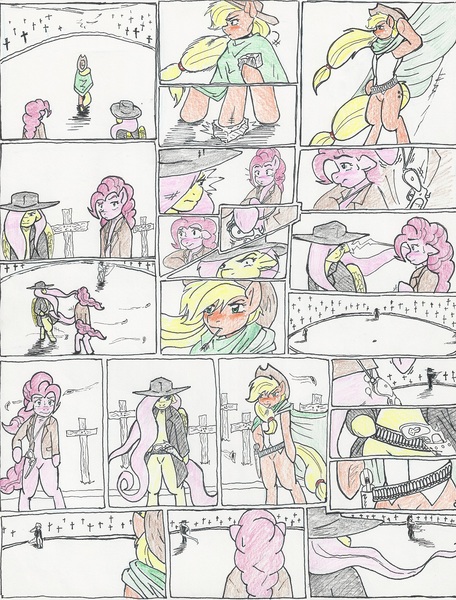 Size: 1244x1636 | Tagged: safe, artist:flicker-show, derpibooru import, applejack, fluttershy, pinkie pie, pony, semi-anthro, bipedal, comic, cowboy, crossover, gun, mexican standoff, the good the bad and the ugly, traditional art