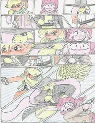 Size: 1244x1624 | Tagged: safe, artist:flicker-show, derpibooru import, applejack, fluttershy, pinkie pie, pony, semi-anthro, bandolier, bipedal, comic, cowboy, crossover, gun, mexican standoff, the good the bad and the ugly, traditional art