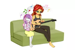 Size: 1900x1267 | Tagged: safe, artist:twilite-sparkleplz, derpibooru import, sunset shimmer, sweetie belle, equestria girls, barefoot, clothes, couch, eyes closed, feet, guitar, missing shoes, open mouth, simple background, singing, sitting, skirt, sunset strummer, white background