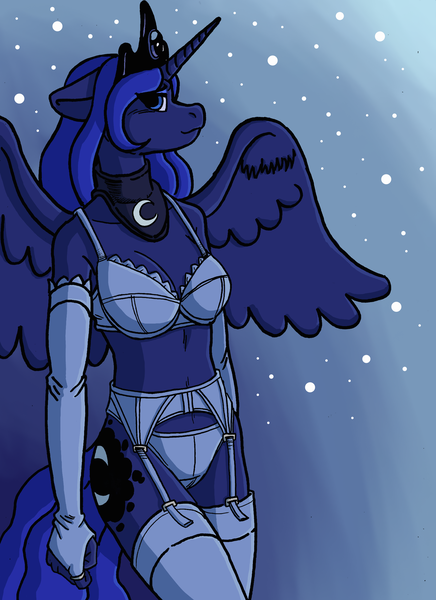 Size: 1700x2340 | Tagged: anthro, artist:thebridgebuilder, blue underwear, bra, breasts, cleavage, clothes, derpibooru import, female, fingerless gloves, frilly, frilly underwear, garter belt, garters, gloves, lingerie, panties, princess luna, socks, solo, solo female, stockings, suggestive, thigh highs, underwear