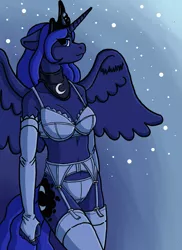 Size: 1700x2340 | Tagged: anthro, artist:thebridgebuilder, blue underwear, bra, breasts, cleavage, clothes, derpibooru import, female, fingerless gloves, frilly, frilly underwear, garter belt, garters, gloves, lingerie, panties, princess luna, socks, solo, solo female, stockings, suggestive, thigh highs, underwear