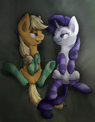 Size: 550x700 | Tagged: safe, artist:wave-realm, derpibooru import, applejack, rarity, bedroom eyes, clothes, female, lesbian, rarijack, shipping, socks, striped socks