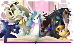 Size: 1197x746 | Tagged: safe, artist:c-puff, artist:mickeymonster, derpibooru import, discord, king sombra, lord tirek, princess cadance, princess celestia, princess luna, queen chrysalis, shining armor, sunset shimmer, pony, antagonist, book, reading, stained glass, storybook, villains of equestria