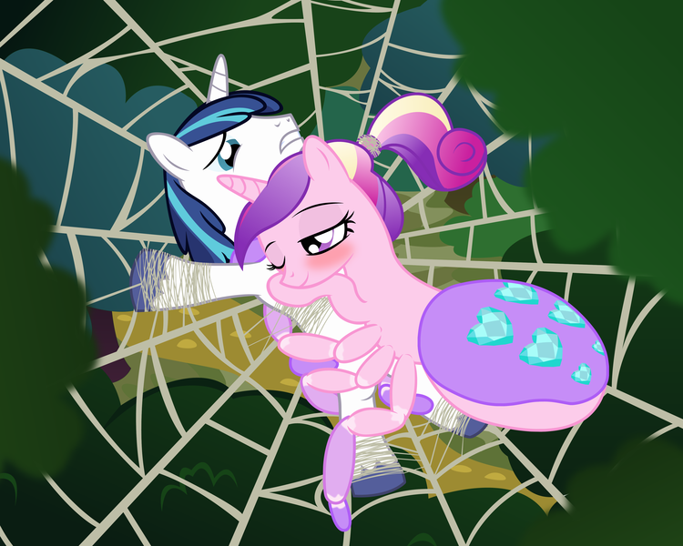 Size: 4336x3469 | Tagged: suggestive, artist:badumsquish, derpibooru import, princess cadance, shining armor, alicorn, drider, monster pony, original species, pony, spider, spiderpony, unicorn, adoracreepy, arachnidance, bedroom eyes, blushing, bondage, creepy, cuddling, cute, cutie mark, female, gritted teeth, hape, helpless, hug, imminent rape, imminent sex, loving gaze, male, nightmare fuel, non-consensual cuddling, on back, on top, paraquestria, prone, scared, shiningcadance, shipping, smiling, snuggling, species swap, spider web, straight, teen princess cadance, teenage shining armor, this will not end well, wide eyes, wink, younger