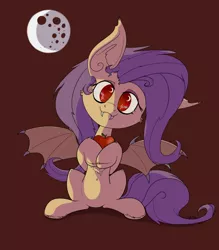 Size: 1000x1144 | Tagged: safe, artist:mattatatta, derpibooru import, fluttershy, bat pony, pony, apple, belly button, chest fluff, cute, fangs, flutterbat, moon, red eyes, shyabates, shyabetes