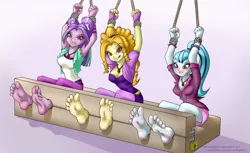 Size: 1500x918 | Tagged: suggestive, artist:wtfeather, derpibooru import, adagio dazzle, aria blaze, sonata dusk, equestria girls, barefoot, blushing, bondage, bondage furniture, feet, foot fetish, grin, imminent tickles, missing shoes, padlock, rope, sitting, stocks, the dazzlings, tickle torture, tickling, tied up, varying degrees of want