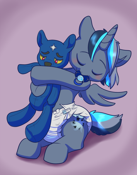 Size: 702x900 | Tagged: artist:toddlergirl, commission, cute, derpibooru import, diaper, diaper fetish, oc, oc:dusk shadow, pacifier, plushie, poofy diaper, questionable, unofficial characters only, ursa minor