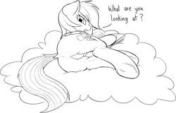 Size: 1060x679 | Tagged: artist:mcsadat, cloud, derpibooru import, dock, featureless crotch, looking at you, looking back, monochrome, plot, rainbow dash, solo, suggestive, underhoof