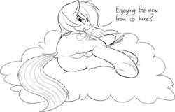 Size: 1060x679 | Tagged: suggestive, artist:mcsadat, derpibooru import, rainbow dash, pegasus, pony, cloud, dialogue, featureless crotch, female, looking at you, looking back, mare, monochrome, open mouth, plot, solo, underhoof