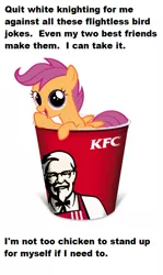 Size: 379x638 | Tagged: chicken, derpibooru import, exploitable meme, kfc, meme, safe, scootachicken, scootaloo, white knight