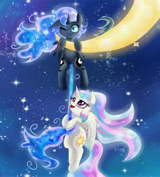 Size: 5500x6090 | Tagged: safe, artist:magnaluna, derpibooru import, princess celestia, princess luna, alicorn, abstract background, absurd resolution, both cutie marks, crescent moon, cute, ethereal mane, female, mare, moon, night, open mouth, pain, sisters, starry mane, stars, tail pull, tangible heavenly object, transparent moon