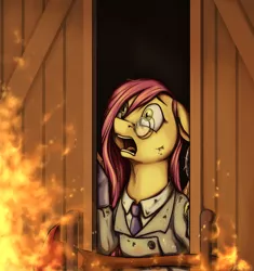 Size: 906x965 | Tagged: artist:28gooddays, barn, dead source, derpibooru import, fire, fluttermedic, fluttershy, glasses, imminent death, medic, meet the pyro, semi-grimdark, solo, team fortress 2