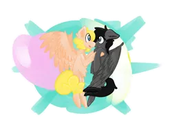 Size: 1024x768 | Tagged: safe, artist:darabirb, derpibooru import, oc, oc:etchasketch, oc:palette, unofficial characters only, pegasus, pony, digital art, flying, gay, hearts and hooves day, holding, male, paletch, shipping