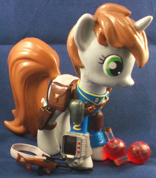 Size: 2482x2833 | Tagged: safe, artist:gryphyn-bloodheart, derpibooru import, oc, oc:littlepip, unofficial characters only, pony, unicorn, fallout equestria, fanfic, 3d print, accessories, clothes, custom, fanfic art, female, funko, gun, handgun, healing potion, health potion, hooves, horn, irl, little macintosh, mare, photo, pipbuck, potion, revolver, rope, saddle bag, solo, toy, vault suit, weapon, zebra rifle