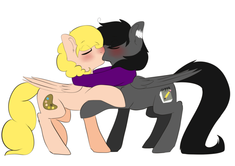 Size: 1024x723 | Tagged: safe, artist:oddends, derpibooru import, oc, oc:etchasketch, oc:palette, unofficial characters only, pegasus, pony, clothes, gay, kissing, male, paletch, scarf