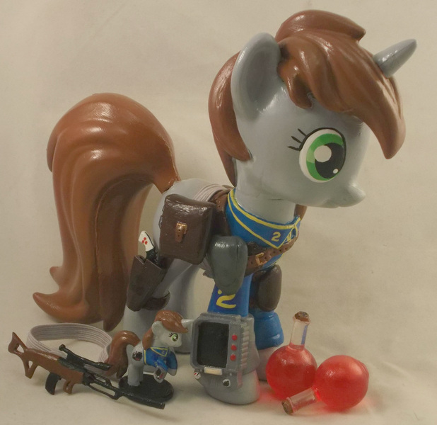 Size: 2993x2905 | Tagged: safe, artist:gryphyn-bloodheart, derpibooru import, oc, oc:littlepip, unofficial characters only, pony, unicorn, fallout equestria, fanfic, 3d print, brushable, custom, female, gun, handgun, healing potion, health potion, irl, little macintosh, mare, photo, pipbuck, potion, revolver, saddle bag, solo, statuette, toy, vault suit, weapon, zebra rifle