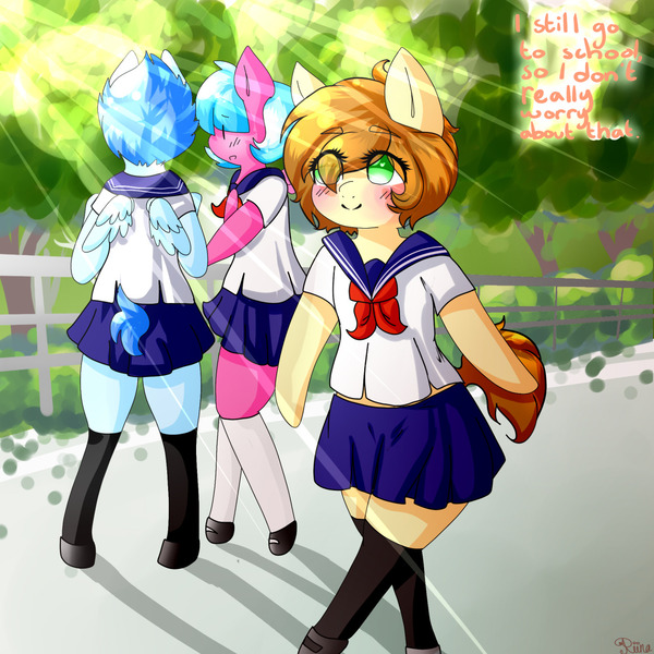 Size: 1280x1280 | Tagged: safe, artist:ask-sunny-day, derpibooru import, oc, oc:blue flame, oc:cotton cloud, oc:sunny day, unofficial characters only, earth pony, pegasus, pony, semi-anthro, bipedal, clothes, school uniform