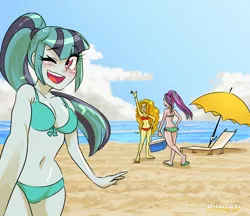 Size: 1280x1107 | Tagged: suggestive, artist:rileyav, derpibooru import, adagio dazzle, aria blaze, sonata dusk, equestria girls, armpits, beach, beach chair, beach umbrella, belly button, bikini, blue swimsuit, blushing, breasts, clothes, cloud, cooler, cute, female, green swimsuit, hand on hip, one eye closed, open mouth, red swimsuit, sand, sandals, selfie, side-tie bikini, sky, sonatabetes, string bikini, sunglasses, swimsuit, the dazzlings, umbrella, water, wink