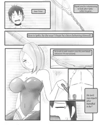 Size: 949x1200 | Tagged: artist:ratherdevious, breasts, busty trixie, clothes, comic, derpibooru import, dominatrix, dominatrixie, female, femdom, fishnets, hand cuffs, human, humanized, implied bdsm, leotard, monochrome, older, older spike, riding crop, socks, spike, spixie, suggestive, thigh highs, trixie