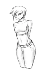 Size: 474x750 | Tagged: artist:hot headed clover, artist:williamd, belly button, belt, belt buckle, clothes, derpibooru import, gilda, human, humanized, jeans, long sleeves, midriff, safe, sketch