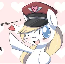 Size: 403x400 | Tagged: safe, artist:aryanne, derpibooru import, oc, oc:aryanne, unofficial characters only, pony, aryan pony, aryanbetes, bipedal, blushing, cute, hat, heart, heil, nazi, salute, solo, swastika, team captain, we are going to heil, welcome, wink