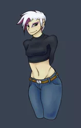 Size: 512x810 | Tagged: artist:hot headed clover, artist:williamd, belly button, belt, belt buckle, clothes, derpibooru import, gilda, human, humanized, jeans, long sleeves, midriff, safe