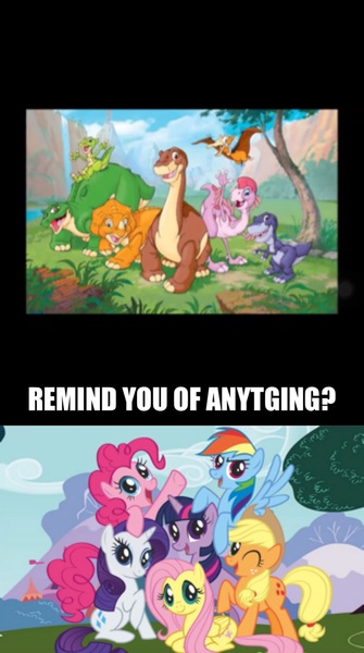 Size: 1494x2676 | Tagged: safe, derpibooru import, applejack, fluttershy, pinkie pie, rainbow dash, rarity, twilight sparkle, brontosaurus, dinosaur, dragon, earth pony, oviraptor, pegasus, pony, pterodactyl, pterosaur, sauropod, stegosaurus, triceratops, tyrannosaurus rex, unicorn, apatosaurus, cera, chomper, don bluth, ducky, hadrosaur, image macro, littlefoot, mane six, mane six opening poses, meme, misspelling, petrie, pterodactylus, ruby, saurolophus, similarities, spike (land before time), the land before time