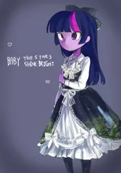 Size: 700x1000 | Tagged: safe, artist:weiliy, derpibooru import, twilight sparkle, equestria girls, alternate costumes, arm under breasts, baby the stars shine bright, blouse, bow, classic lolita, clothes, cute, dress, female, floating heart, frilly dress, gradient background, hair bow, heart, lolita fashion, petticoat, pixiv, socks, solo, standing, stockings, text, thigh highs, twiabetes