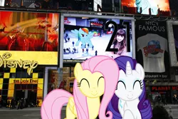 Size: 1200x800 | Tagged: artist:jeatz-axl, artist:sairoch, artist:traindriver22, billboard, derpibooru import, disney, fluttershy, flying, human, irl, new york city, photo, planet hollywood, ponies in real life, rainbow dash, rarity, safe, sign, street, the lion king, times square, vector