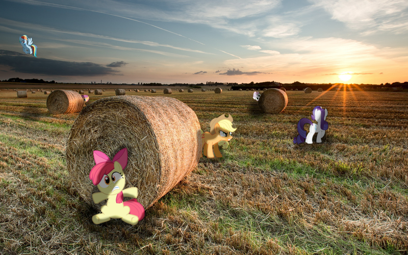 Size: 1398x874 | Tagged: apple bloom, applejack, artist:cider-crave, artist:cokezeo, artist:energyfrost, artist:flipsideequis, artist:psychoanalyticbrony, artist:smlahyee, artist:thatguy1945, derpibooru import, field, floating, hay, hay bale, hide and seek, irl, lens flare, photo, ponies in real life, rainbow dash, rarity, rolls, safe, scootaloo, sunset, sweetie belle, vector