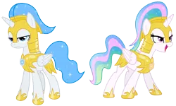 Size: 6000x3600 | Tagged: safe, artist:magister39, derpibooru import, princess celestia, oc, oc:white flare, alicorn, pony, absurd resolution, alicorn oc, armor, frown, glare, guardsmare, open mouth, royal guard, serious face, simple background, smirk, transparent background, vector
