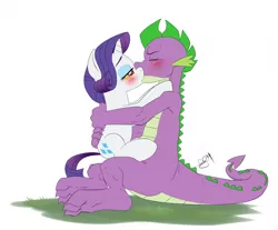 Size: 1200x994 | Tagged: safe, artist:pia-sama, derpibooru import, edit, discord, rarity, spike, pony, unicorn, bedroom eyes, blushing, character proxy, character to character, clopfic in source, dispike, eyes closed, hug, implied shipping, implied sparity, implied straight, kissing, male, older, rule 63, shipping, sitting, straight, transformation, transgender transformation, when you see it, x was discord all along
