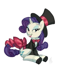 Size: 595x750 | Tagged: artist:carnifex, bow, bowtie, clothes, derpibooru import, hat, lipstick, rarity, safe, shoes, simple background, sitting, solo, tail bow, top hat, transparent background, tuxedo
