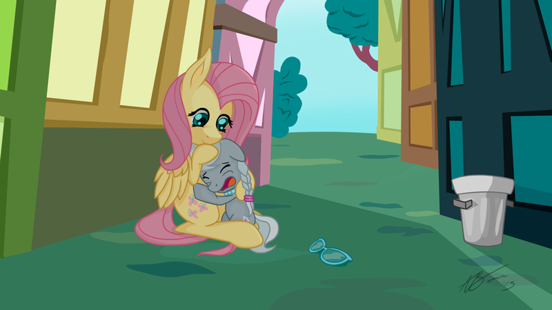 Size: 960x540 | Tagged: artist:affinityshy, comforting, crying, derpibooru import, fluttermom, fluttershy, glasses, hug, mama fluttershy, safe, silver spoon