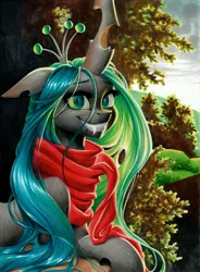 Size: 3128x4254 | Tagged: absurd resolution, artist:katputze, changeling, changeling queen, clothes, female, grin, looking at you, markers, queen chrysalis, safe, scarf, smiling, solo, squee, traditional art