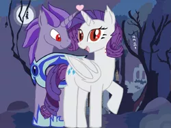 Size: 1024x772 | Tagged: safe, derpibooru import, rarity, oc, oc:kydose, alicorn, bat pony, pony, armor, bite mark, canon x oc, fangs, heart, love, raridose, shipping