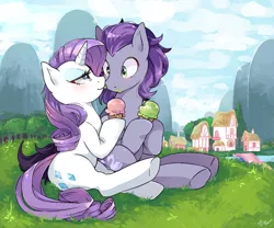 Size: 1024x853 | Tagged: safe, derpibooru import, rarity, oc, oc:kydose, pegasus, pony, unicorn, bedroom eyes, canon x oc, cute, ice cream, licking, love, ponyville, raridose, shipping