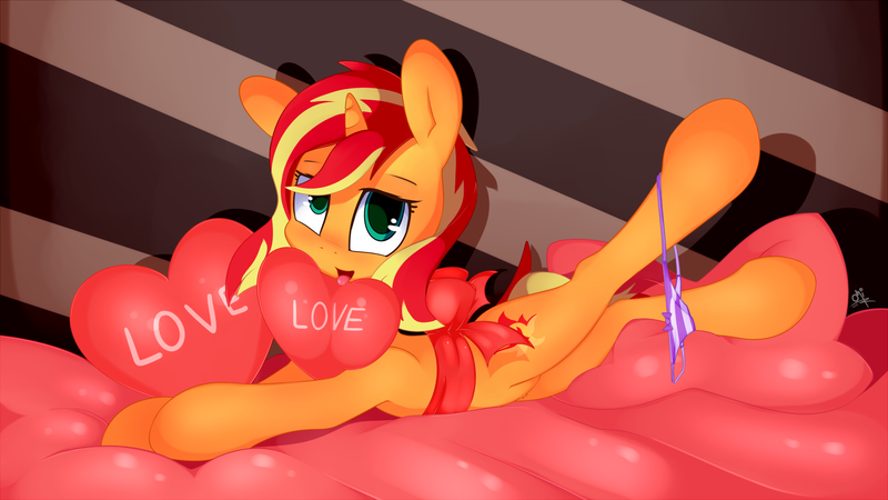 Size: 1920x1080 | Tagged: suggestive, artist:omi, derpibooru import, sunset shimmer, pony, unicorn, bedroom eyes, bow, clothes, cute, female, panties, panties around leg, panties pulled down, pillow, purple underwear, ribbon, solo, solo female, striped underwear, underwear, valentine's day