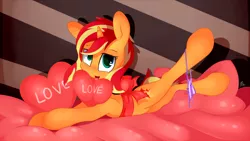 Size: 1920x1080 | Tagged: suggestive, artist:omi, derpibooru import, sunset shimmer, pony, unicorn, bedroom eyes, bow, clothes, cute, female, panties, panties around leg, panties pulled down, pillow, purple underwear, ribbon, solo, solo female, striped underwear, underwear, valentine's day