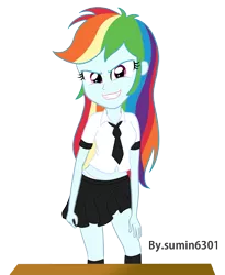 Size: 1439x1752 | Tagged: suggestive, artist:sumin6301, derpibooru import, rainbow dash, equestria girls, belly button, clothes, looking at you, midriff, panties, school uniform, simple background, skirt, solo, transparent background, underwear, vector, white underwear