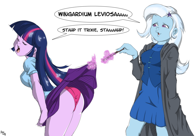 Size: 2000x1400 | Tagged: questionable, artist:brainsucks, derpibooru import, trixie, twilight sparkle, equestria girls, assisted exposure, breasts, clothes, dialogue, eyes closed, female, harry potter, lesbian, magic, magic abuse, oney, open mouth, panties, parody, pink underwear, shipping, simple background, skirt, skirt lift, skirt pull, stahp, telekinesis, twixie, underwear, upskirt, wand, white background, wingardium leviosa