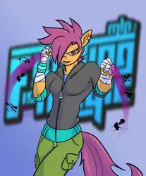 Size: 926x1116 | Tagged: anthro, arm wraps, artist:robothehoobo, athletic tape, badass, clothes, derpibooru import, earring, equestria girls outfit, fighterloo, fighting is magic, hand wraps, hoodie, older, piercing, safe, scootaloo, solo