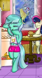 Size: 2234x4098 | Tagged: safe, artist:saddnesspony, derpibooru import, bon bon, derpy hooves, lyra heartstrings, sweetie drops, pony, belly button, bipedal, breakfast, clothes, female, lesbian, lyrabon, midriff, shipping, short shirt, shorts, tanktop