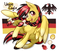 Size: 900x780 | Tagged: safe, artist:taritoons, derpibooru import, oc, oc:union eagle, unofficial characters only, pegasus, pony, blushing, braid, cute, germany, looking at you, nation ponies, open mouth, raised hoof, reference sheet, simple background, smiling, solo, spread wings, transparent background, unshorn fetlocks