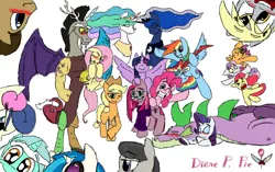 Size: 1224x768 | Tagged: safe, artist:sanyo2100, derpibooru import, apple bloom, applejack, bon bon, discord, doctor whooves, fluttershy, lyra heartstrings, octavia melody, pinkie pie, princess celestia, princess luna, rainbow dash, rarity, scootaloo, spike, sweetie belle, sweetie drops, time turner, twilight sparkle, twilight sparkle (alicorn), vinyl scratch, oc, oc:diane p pie, alicorn, pony, :p, clothes, cutie mark crusaders, discoshy, female, glasses, grin, guitar, happy, male, mane seven, mane six, mare, pinkamena diane pie, scratching, shipping, sick, slime, sparity, straight, tattoo, wink