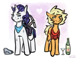 Size: 1241x955 | Tagged: safe, artist:siden, derpibooru import, applejack, rarity, oc, oc:ivory, oc:sparkling cider, alternate universe, cider, female, lesbian, pickaxe, rarijack, shipping, ultimare universe